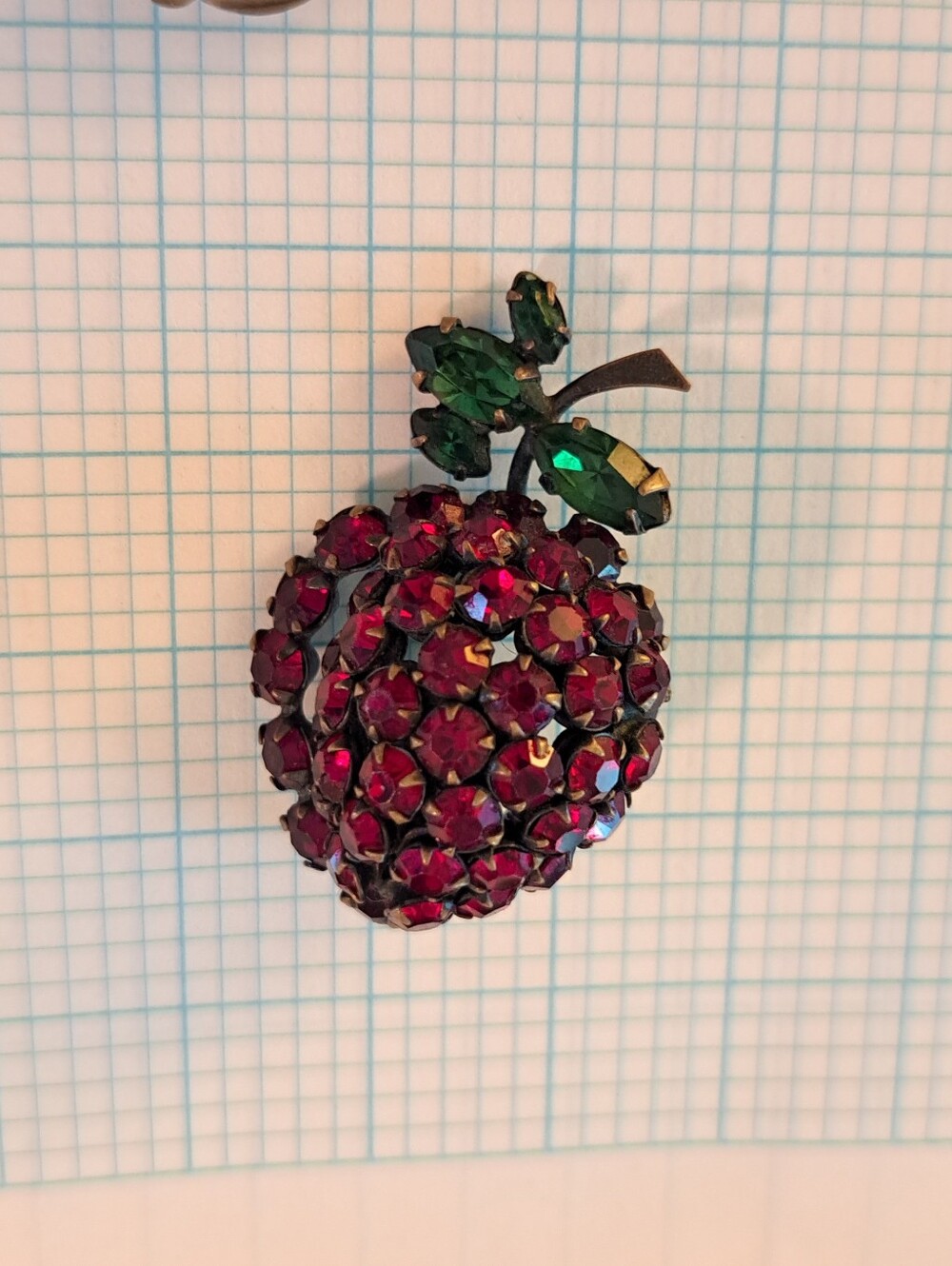 Vintage 50s Schreiner NY Red Crystal Fruit Brooch Pin with Green Leaf Accents